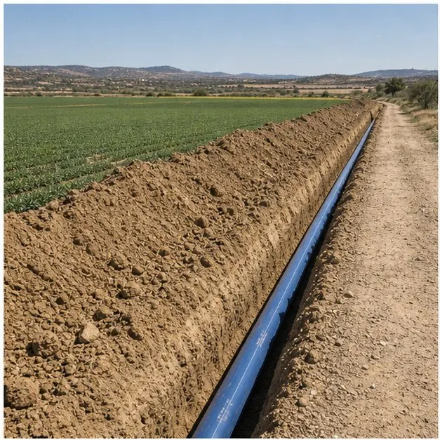 Zanja rural con tuberia de abastecimiento junto a terrenos agricolas