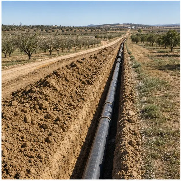 Zanja agricola con tuberia de riego en entorno rural