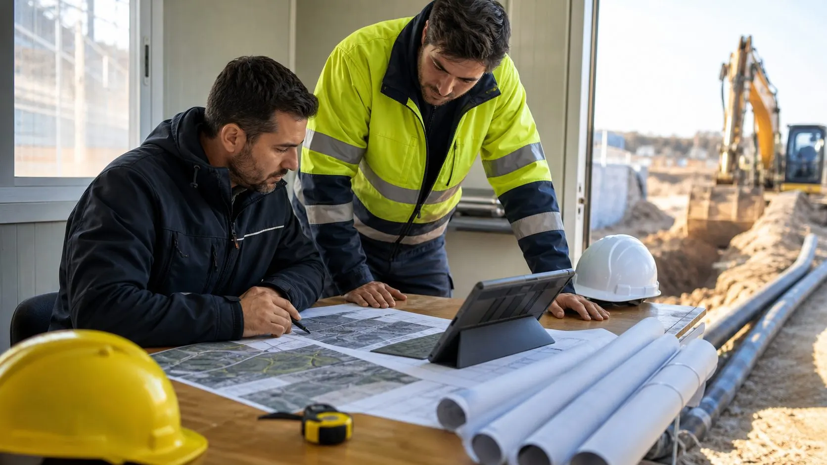 Tecnicos revisando planos y rutas de obra junto a una canalizacion en ejecucion