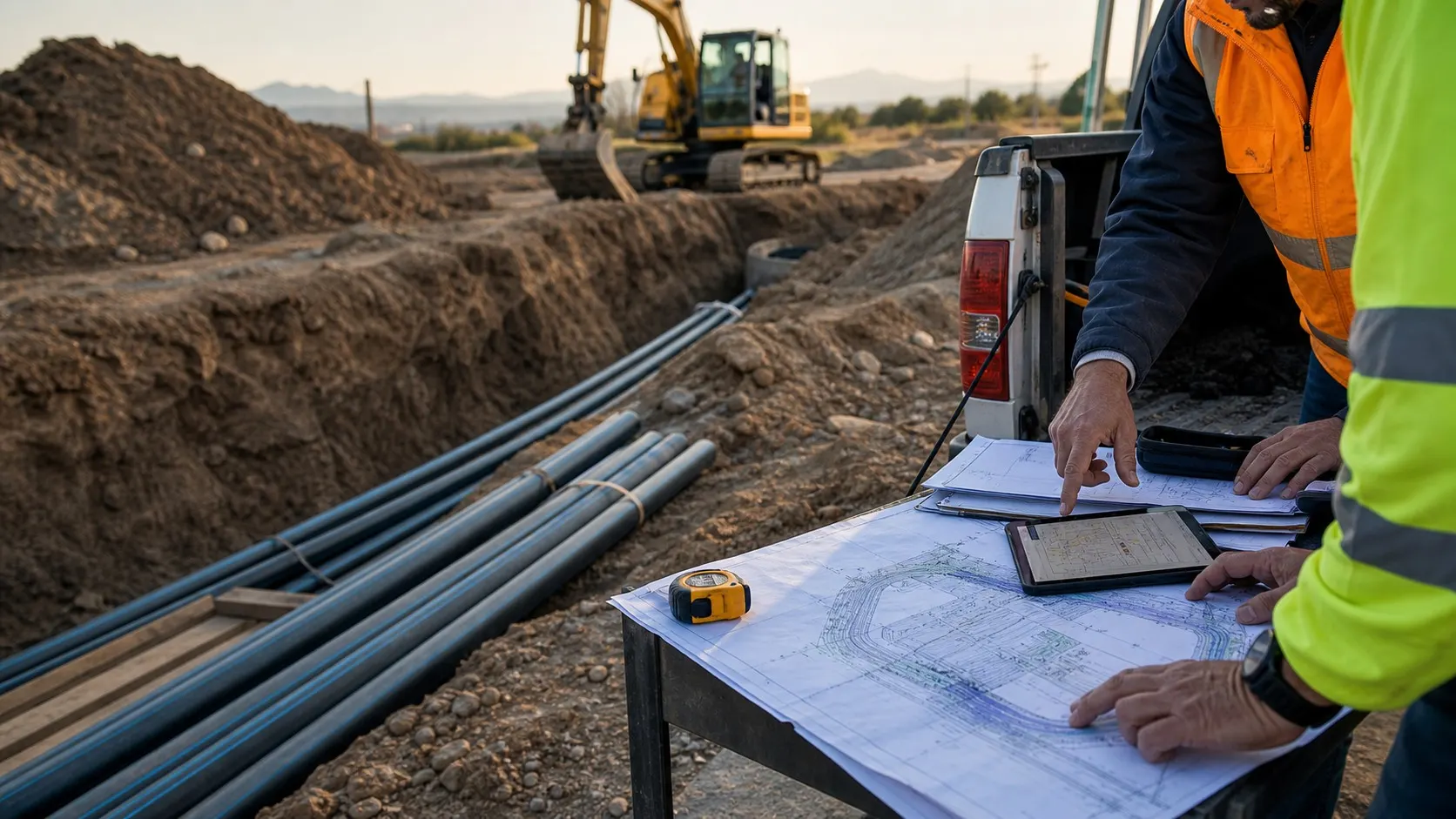 Tecnicos revisando planos de canalizacion junto a una zanja abierta