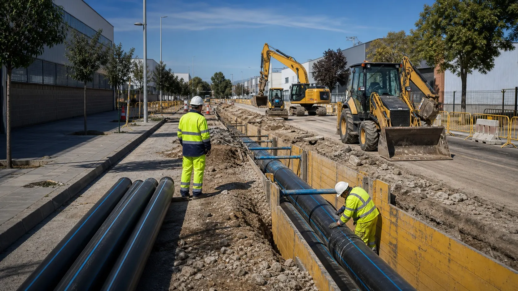 Obra urbana de canalizacion con tuberia, excavadora y zona vallada