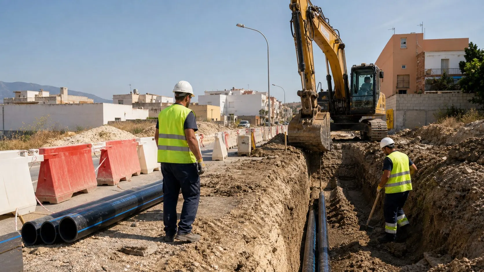 Zanjadora abriendo una zanja para canalizacion, imagen ilustrativa de entorno urbano mediterraneo de la zona de Alacant/Alicante, Alicante/Alacant