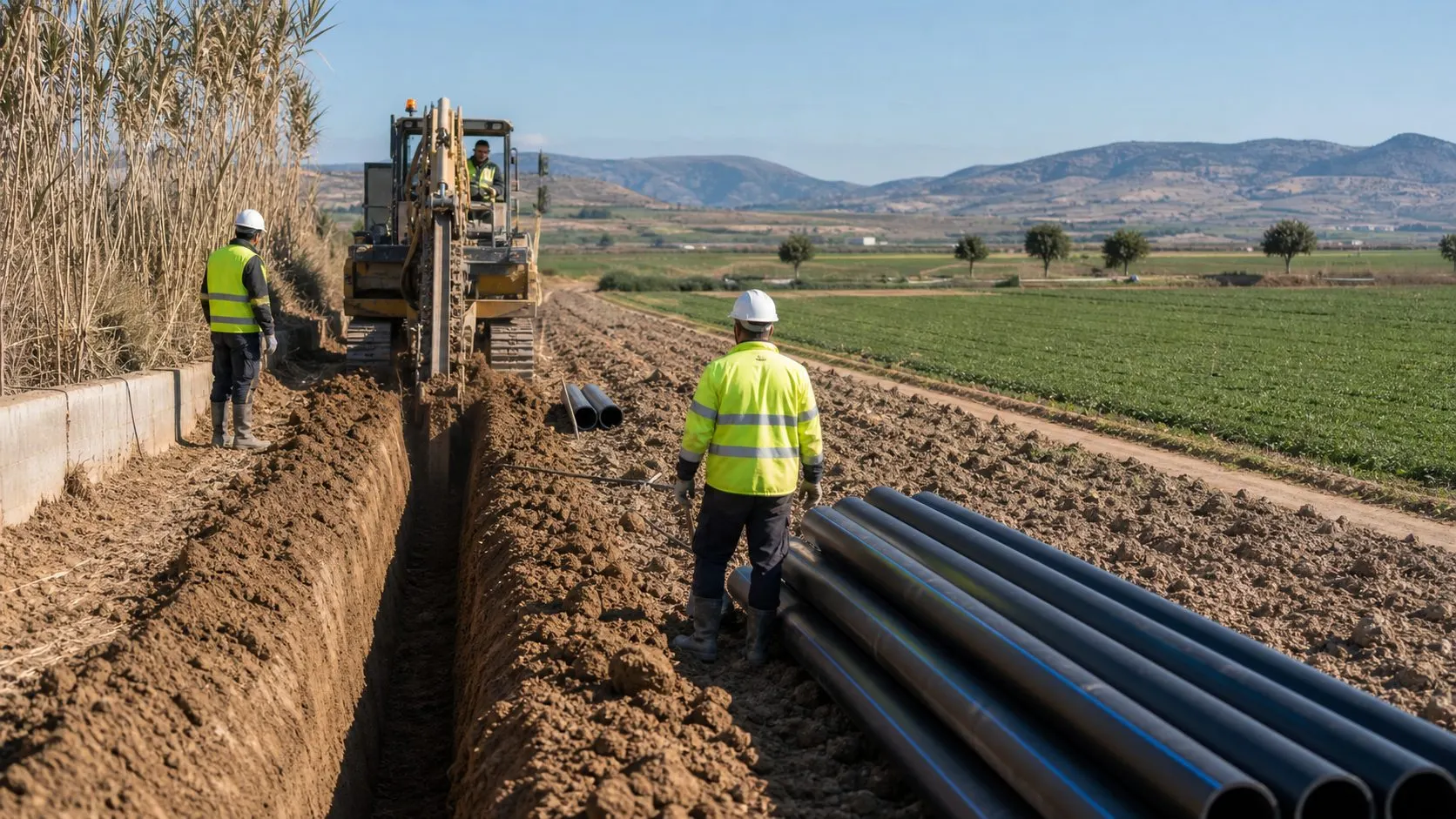 Zanjadora abriendo una zanja para canalizacion, imagen ilustrativa de entorno de huerta y regadio de la zona de Elx/Elche, Alicante/Alacant
