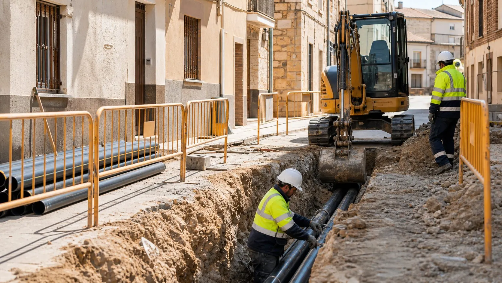 Zanjadora abriendo una zanja para canalizacion, imagen ilustrativa de entorno urbano de interior de la zona de Alcoi/Alcoy, Alicante/Alacant