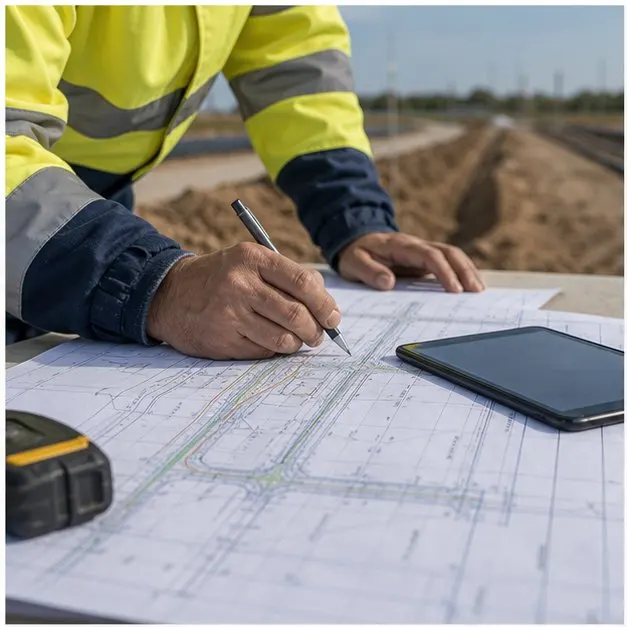 Planos y tablet usados para planificar una canalizacion