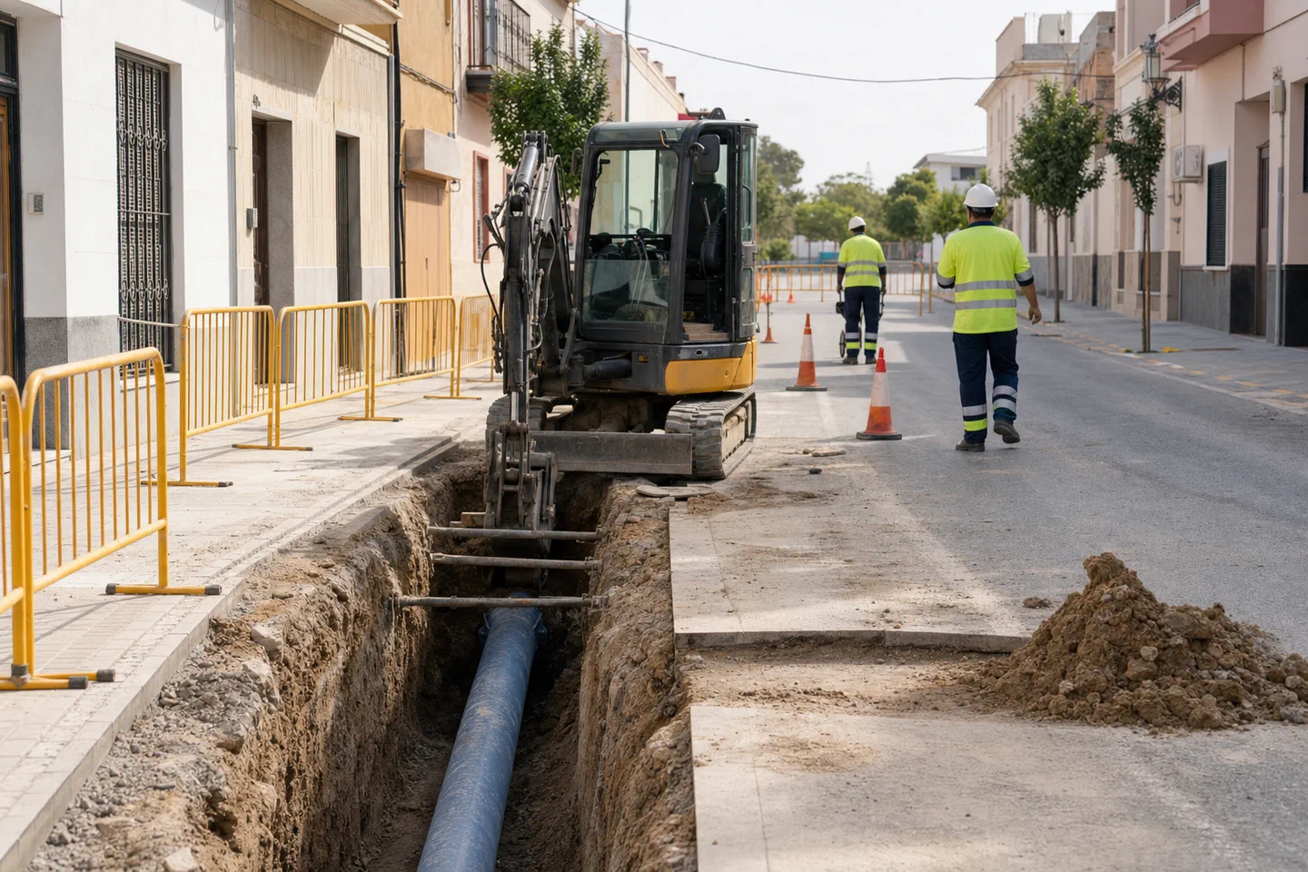 Reparacion municipal con zanja balizada y equipo tecnico trabajando en una calle