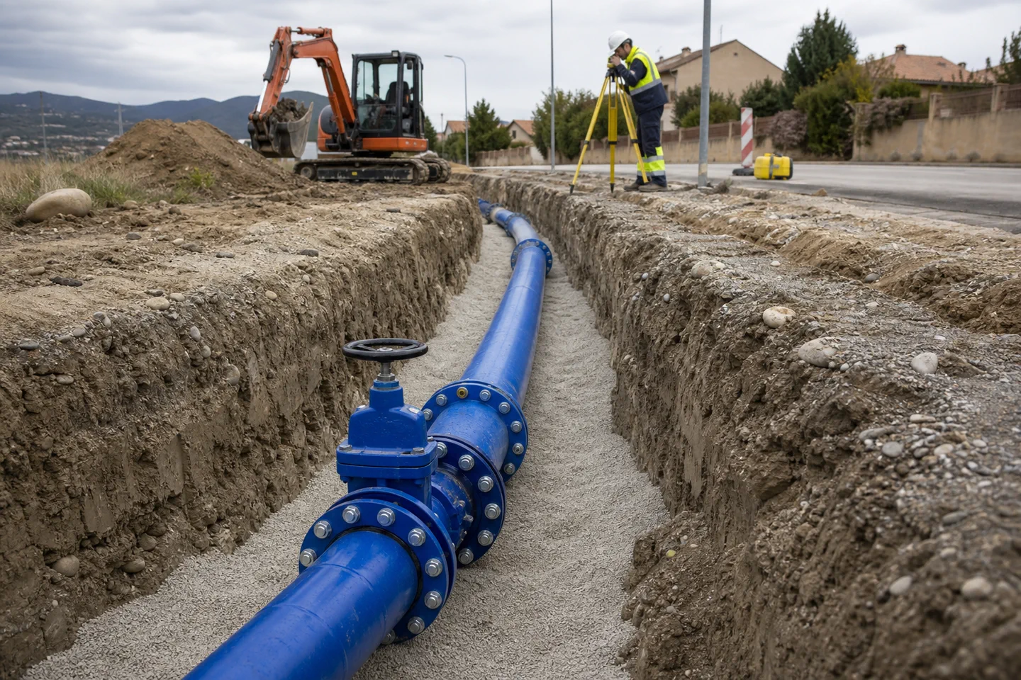 Zanja abierta con tuberia azul de agua potable instalada sobre cama de apoyo