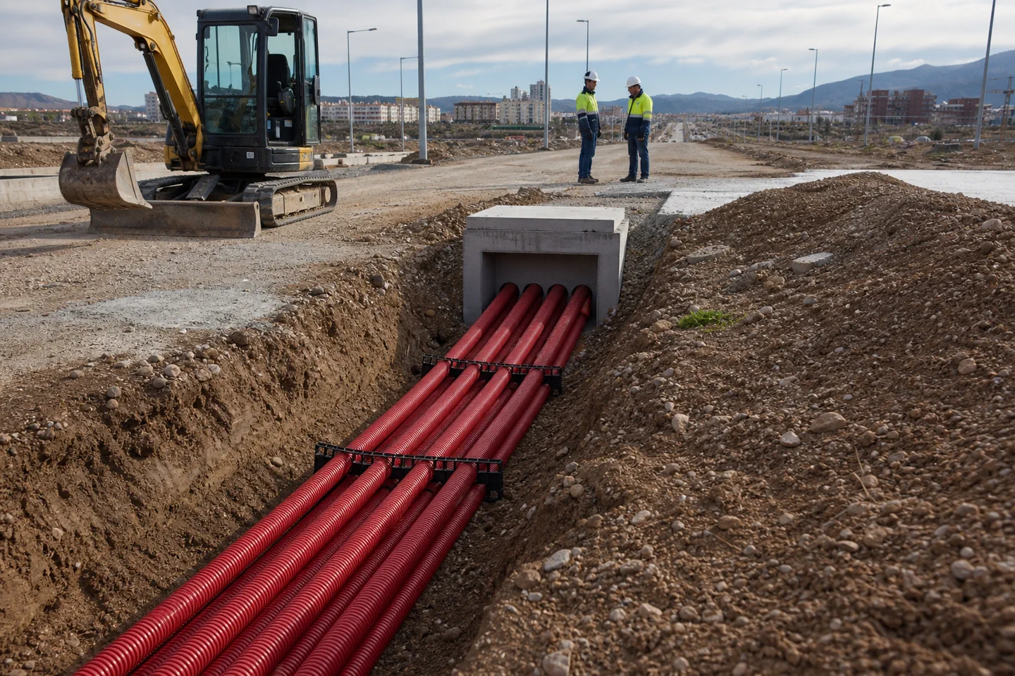 Zanja tecnica con tubos corrugados rojos para canalizacion electrica subterranea