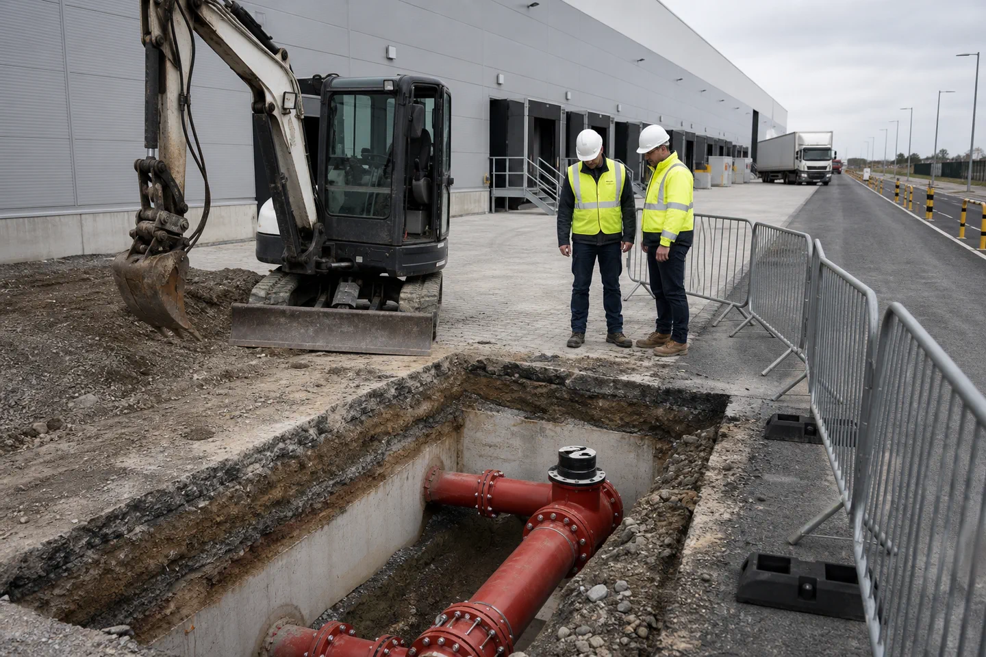 Canalizacion junto a nave industrial con tuberia de gran diametro y vallado de seguridad