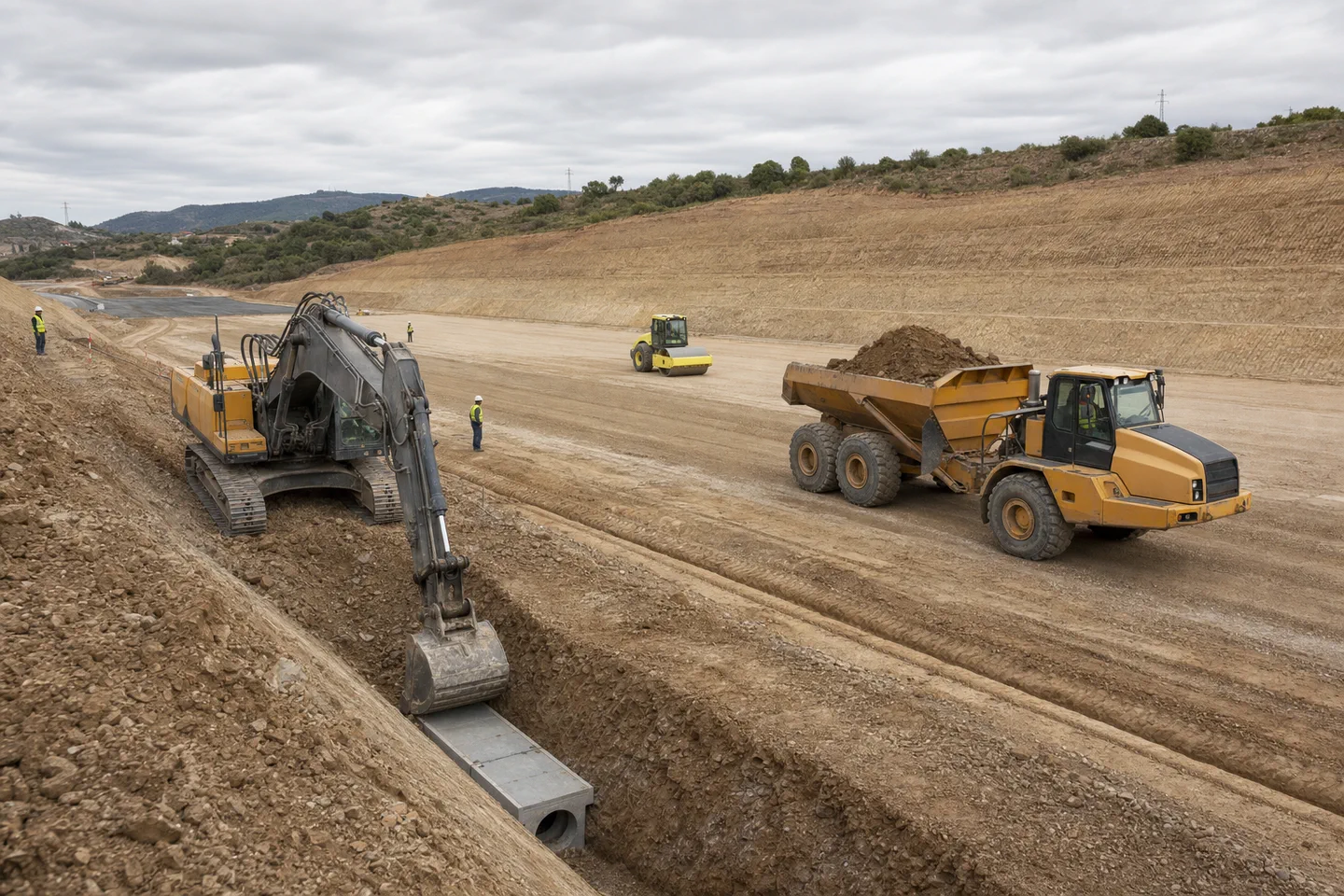 Obra civil con excavadora trabajando junto a una zanja de drenaje parcialmente ejecutada