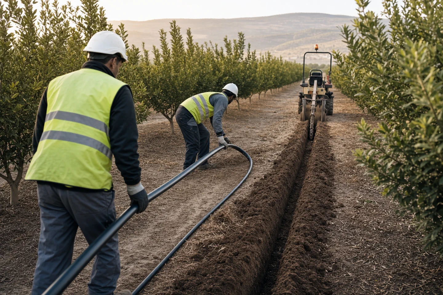 Zanja agricola de largo recorrido con tuberia de riego y zanjadora trabajando al fondo