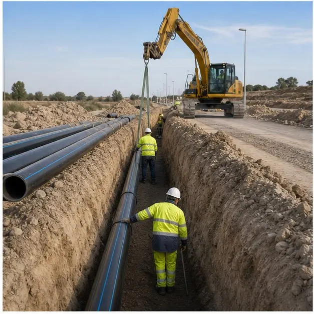 Instalacion de tuberias de PEAD en una zanja de canalizacion