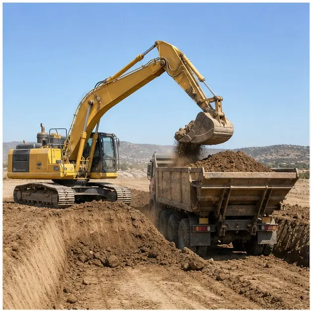 Maquinaria de movimiento de tierras trabajando en terreno abierto