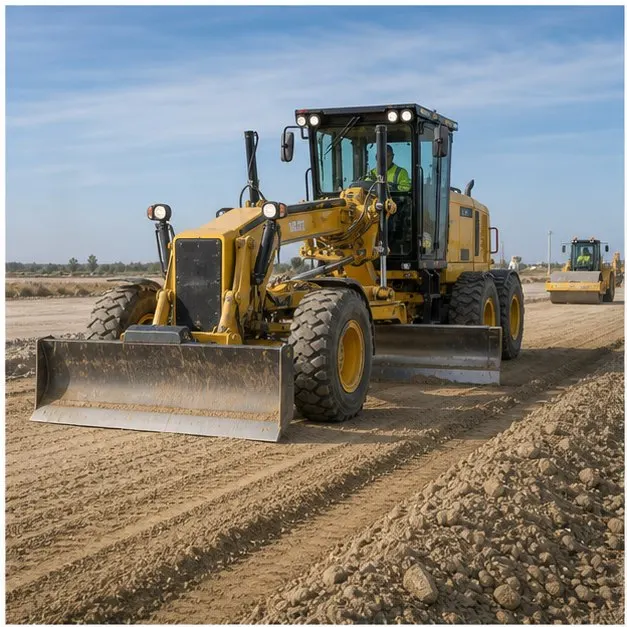 Maquinaria nivelando y compactando una plataforma de obra