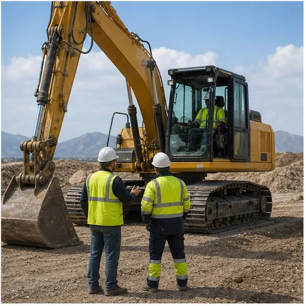 Equipo tecnico revisando una excavadora con operador en obra